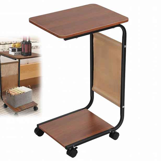Mobilní Odkládací Stolek 63 CM Pod Notebook/pohovku, Polička Kapsa, Ořech
