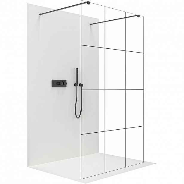 Sprchová zástěna Walk-in Onyx Duo L/P - 8 mm - hranatá vzpěra  - černá matná, industriální sklo - 140x200 cm