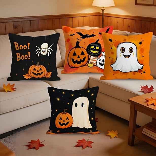 TEMU 4ks (4 balení) Strašidelné halloweenské povlaky na polštáře vhodné na pohovku - Oboustranné povlaky na polštáře s potiskem dýně, netopýra a