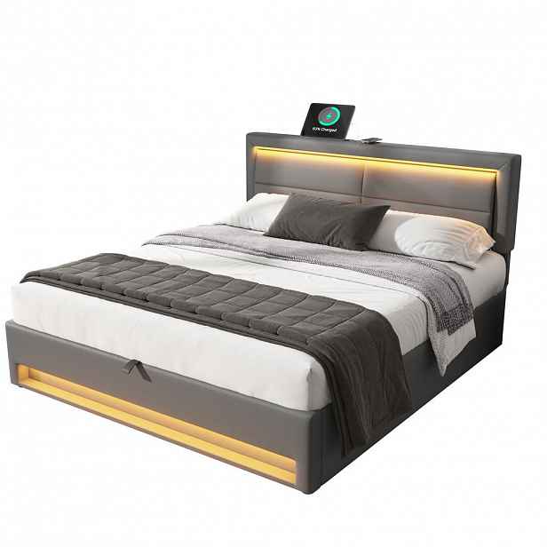 FLIEKS ČALOUNĚNÁ POSTEL 140x190 Šedá PU LED USB Úložný Prostor
