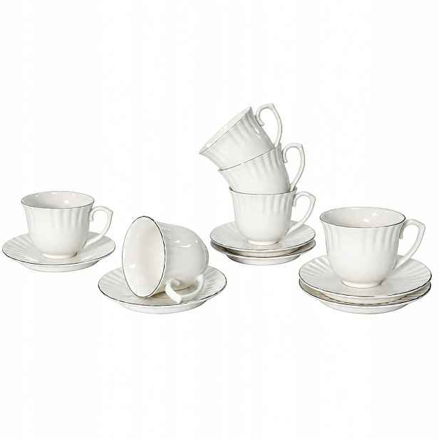 Sada 6 x šálek 250 ml porcelánová Livello s podšálkem, stříbrný proužek