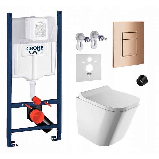 Wc sada Rám Grohe Rapid s miskou Rimless Fontana tlačítko měď lesk