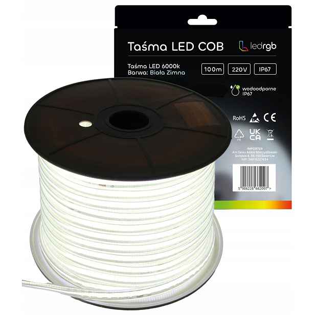 Led pásek Neon Cob 220V 230V 100m 6000K Bílý Studený Voděodolný IP67 10mm
