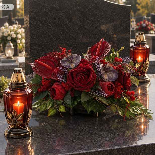 Kompozice Náhrobní Dekorace na hřbitov Květiny Premium Bordo Fialová 60 cm
