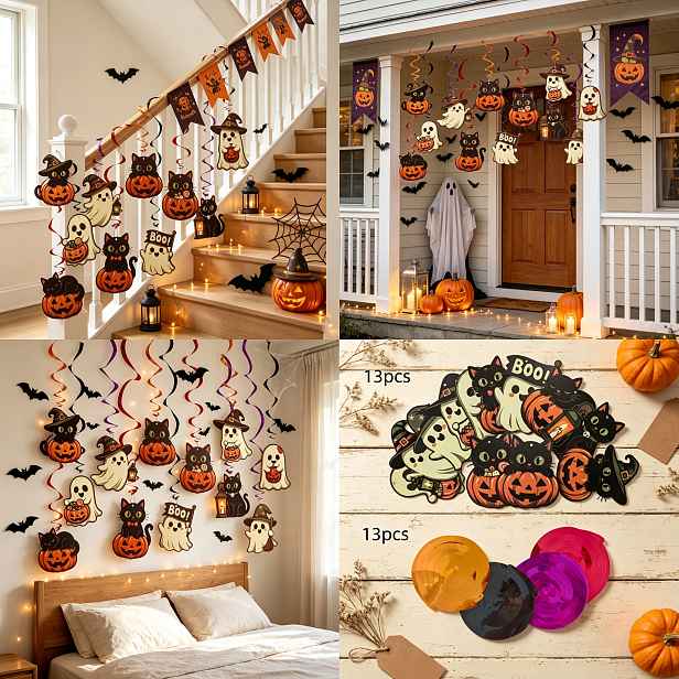 TEMU 26 ks/Mix balení, Halloweenské dekorace, Kreslené černé kočky a duchy, papírové štítky se spirálovými stuhami k zavěšení, 13 ks Halloweenské 13