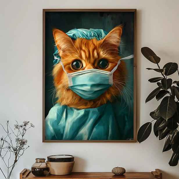 Dekorativní obraz v dřevěném rámu kočka chirurg, 35 x 47 cm