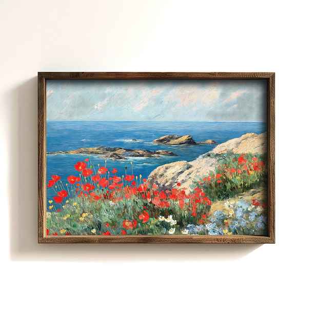 Dekorativní obraz v dřevěném rámu moře a květy máků, 35 x 47 cn