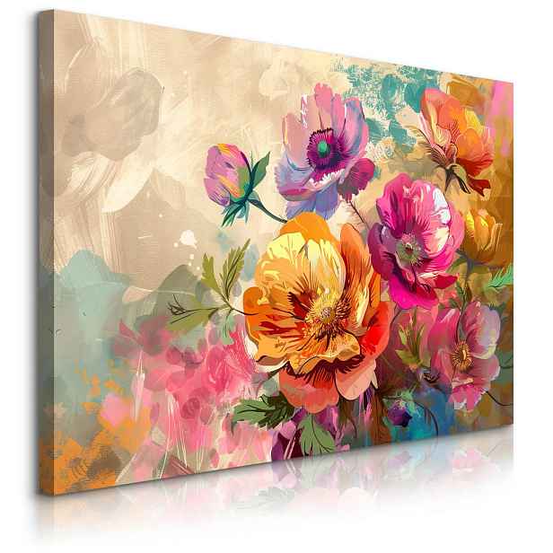 Muralo OBRAZ NA PLÁTNĚ do Obývacího Pokoje Barevné Květiny Listy Příroda 90cm x 60cm