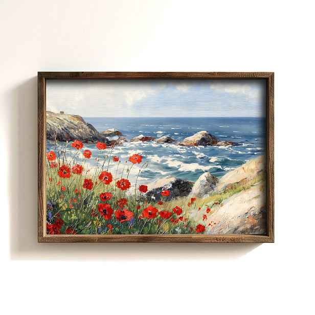 Dekorativní obraz v dřevěném rámu vlny moře a květy máků, 35x 47 cm