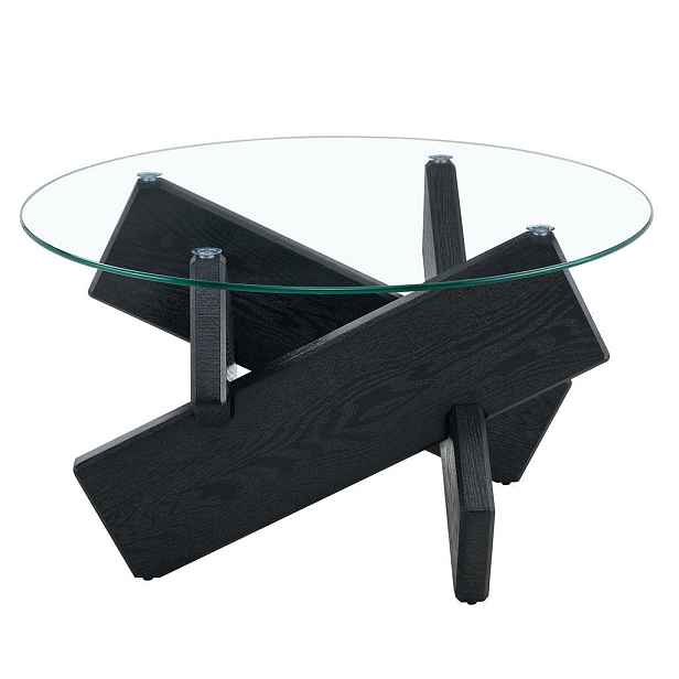 Modfu KONFERENČNÍ stolek z MDF a skla 79x79x45 cm černá/průhledná s křížovou podnoží a tvrzenou skleněnou deskou