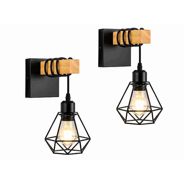 Nástěnné lampy 2 ks E27 Dřevo Kov Černá Vintage Loft Forcoso E27