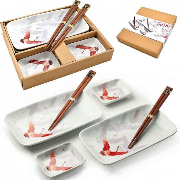 Sada keramiky pro Sushi Světlá sada Motiv Crane Keramika pro 2 osoby