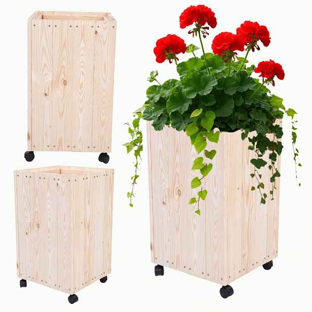 Dřevěný květináč na balkon s kolečky, mobilní na terasu, zahradní 86x37x37