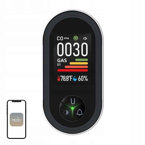 Detektor Oxidu Uhelnatého plynu Moes S02-CG LCD displej Měření teploty Vlhkost Alarm