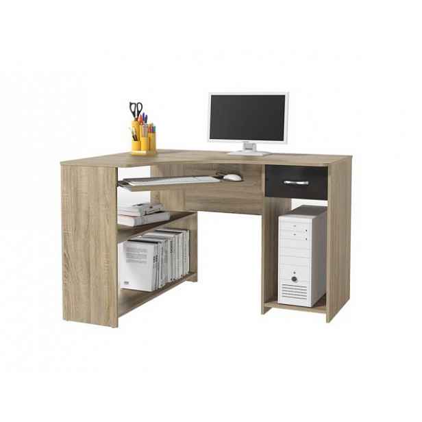 Rohový PC stůl, dub sonoma/černý lesk, UMAG