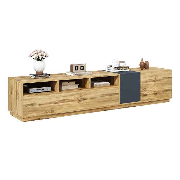 Modfu TV stolek z dřevotřísky 200x45x45 cm černo-šedý a přírodní s kabelovými otvory a kombinovaným úložným prostorem