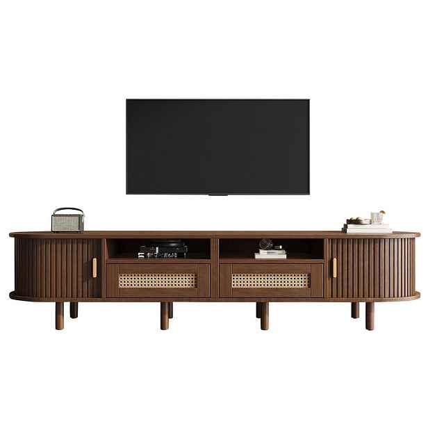 Modfu TV stolek z MDF 170x40x40 cm tmavý dub se 2 zásuvkami, 2 posuvnými dvířky a ratanovým dekorem