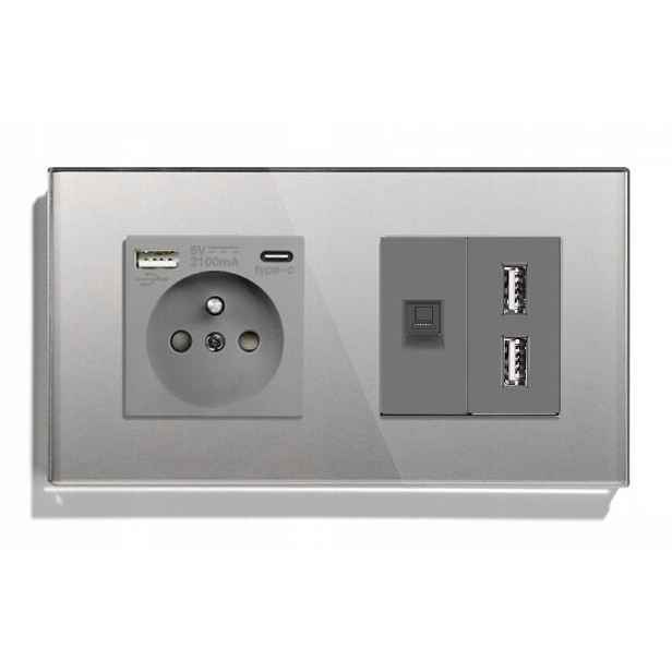 Elektrická Dvojitá Skleněná Zásuvka 2F 157 mm Usb A+c Internet RJ45 CAT5e