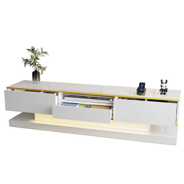 Modfu TV stolek z dřevotřísky 180x38x45 cm bílý se zlatými prvky, vysokým leskem, LED osvětlením a 3 zásuvkami