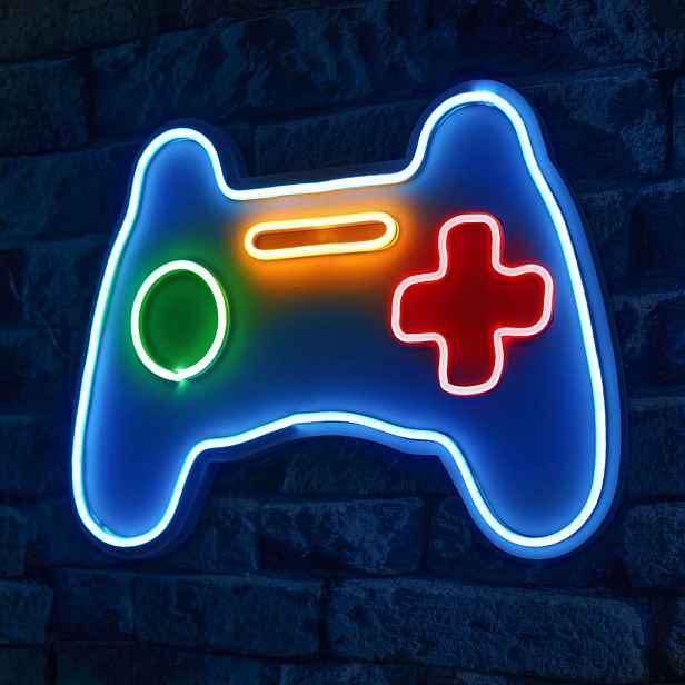 Neonový LED nápis Play Station - barevná světelná dekorace na zeď, 40 x 29 cm