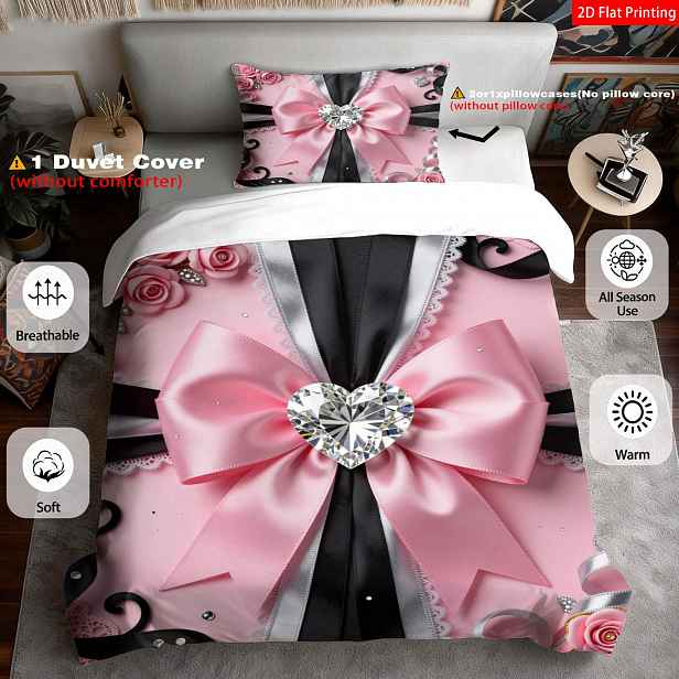 TEMU 2/3ks 2D Plochý Tisk Elegantní Romantická Ložní Souprava Růžová Černá Stříbrná s Diamantovým Srdcem Mašlí Růžovou Stuhou Krajkovým Vzorem pro