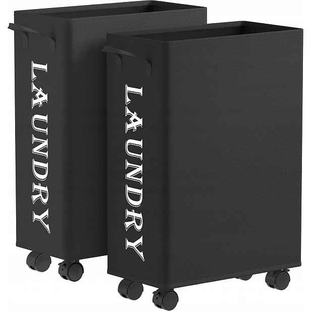 Koš na prádlo s kolečky, skládací, vysoký, 50 l, černý, 2 kusy