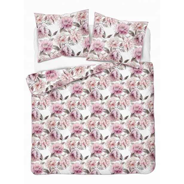 Povlečení z perkálu Lamé Percale 220x200 bílé s růžovými květy, lemovka