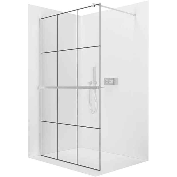 Sprchová zástěna Walk-in Onyx Round L/P - 8 mm + polička/držák na ručníky - kulatá vzpěra  - chrom, industriální sklo - 110x200 cm