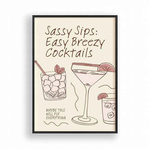 Obraz Cocktails Line Art Plakát Rámeček Dřevěný Černý 30x42 cm