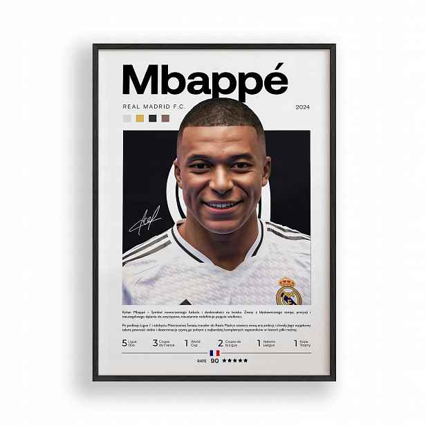 Plakát Kyliana Mbappého s motivem Realu Madrid v černém dřevěném Rámeček 30x40 cm