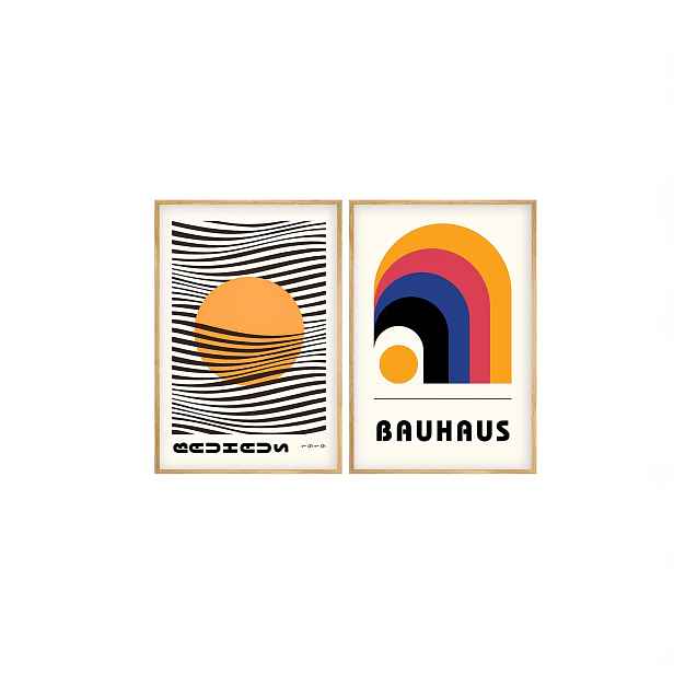 Dekorativní obraz v dřevěném rámu abstrakce geometrických tvarů BAUHAUS, 2 ks 30 x 40 cm