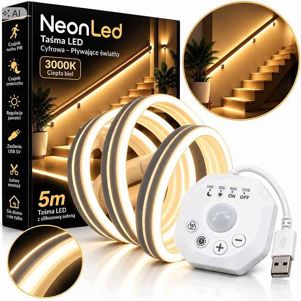 Set Led pásek Neon 5V 5 m Bílý 3000K Senzor Pohybu Soumraku Plovoucí