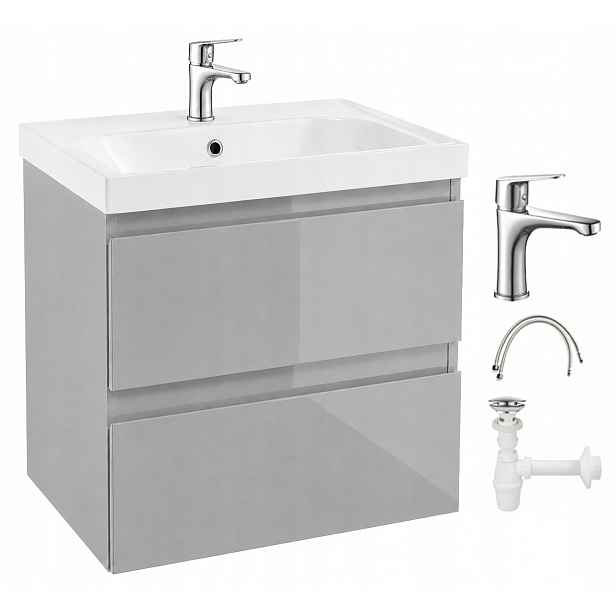 Závěsná koupelnová skříňka s umyvadlem a baterií Chrom Šedá Lesk 60 cm