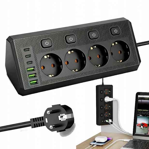 Prodlužovací Kabel Zásuvková Lišta 6X Usb 4 Zásuvky 2M Uzemnění Nabíječka 45°