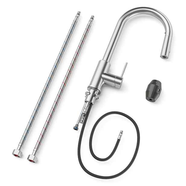 Kuchyňský Kohout Inox Kartáčovaný 390 MM S Vytahovací Sprškou 360°