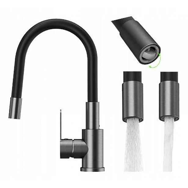 Kuchyňská baterie s flexibilním ramínkem gun grey Grado Plus, otočný perlátor