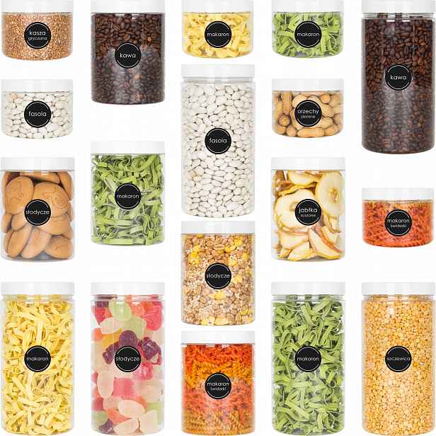 Plastové nádoby na potraviny Sklenice Sada Samolepky 1,5L 1L 500ml x18