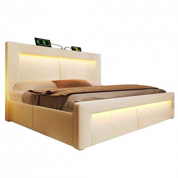 Modfu ČALOUNĚNÁ postel ze sametu 160x200 cm béžová s LED osvětlením, USB a Type-C, hydraulickým úložným prostorem