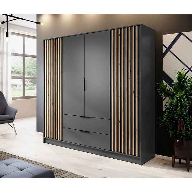 Čtyřdveřová skříň MARFA - šířka 206 cm, grafit / dub artisan