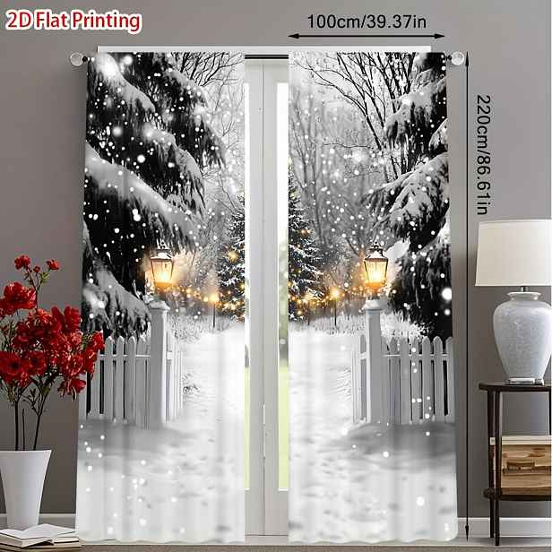 TEMU 2D Ploché, 2ks 2D Ploché Tiskové Vánoční Sněhové Scény Polotmavé Závěsy s Kapsou na Tyč - Vhodné Deco Styl, Kuchyně, Obývací Pokoj - Dekorace