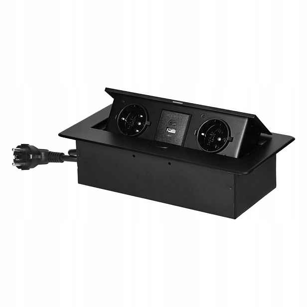Zásuvka zapuštěná do pracovní desky, 1,5 m, 2x2P+Z (Schuko), 2xUSB, černá