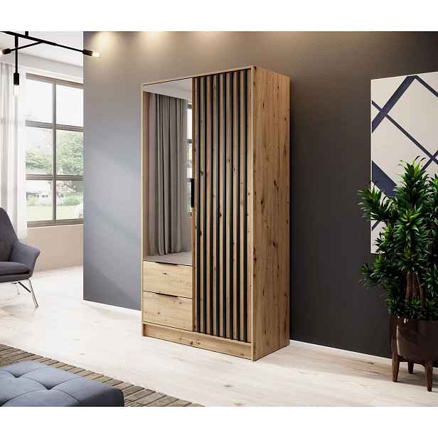 Dvoudveřová skříň se zrcadlem MARFA - šířka 105 cm, dub artisan / černá