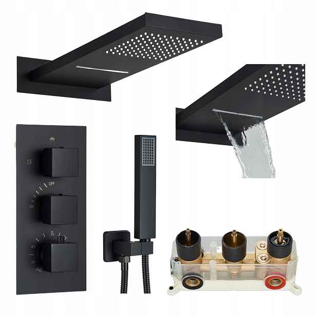 Sprchový Set Podomítkový koupelnový termostat Dešťová sprcha Box Černá