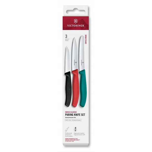 Swiss Classic, paring knife set, 3pcs, straight/wavy, green/red/black, box