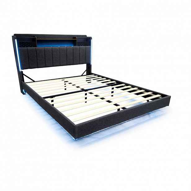 WISHDOR ČALOUNĚNÁ POSTEL 140/200 cm v šedé lněné látce s LED, USB a úložným prostorem