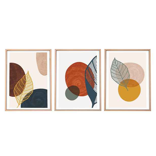 Dekorativní obraz v dřevěném rámu barevné placky a listy, 3 ks 50 x 70 cm