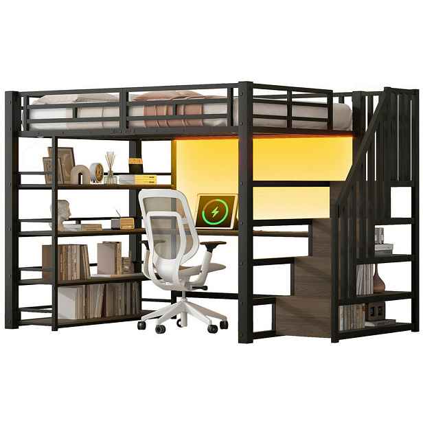 Modenvie VYSOKÁ postel 140/200 cm z kovu a MDF, černá, se stolem, policí a LED osvětlením