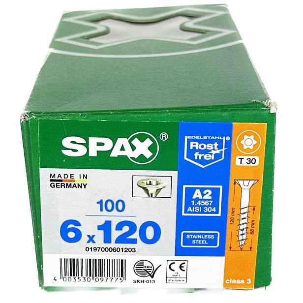 Nerezové vruty 6x120 mm, vruty do dřeva 100 ks, Ocel A2 Spax