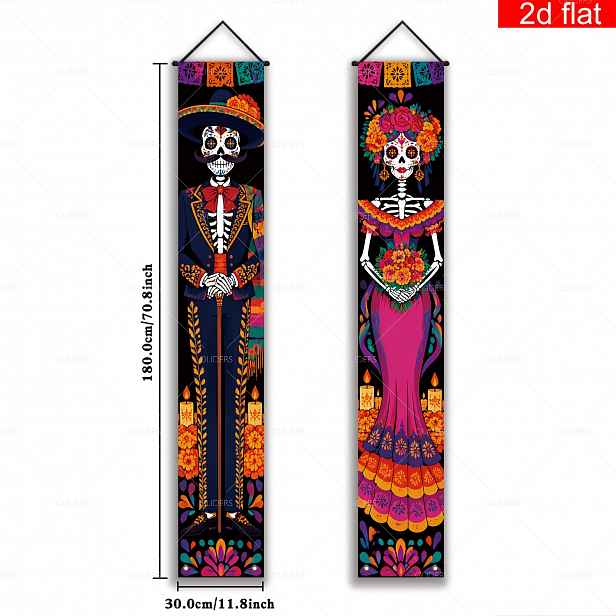 TEMU 2D plochý banner, 2D plochý banner - 2D plochý banner, 2 ks bannerů na verandu ke dveřím pro mexický Den mrtvých, polyester, lebka v etnickém