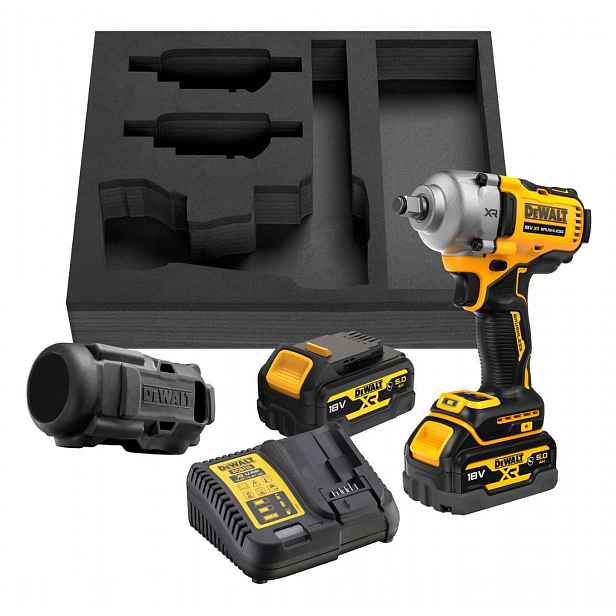 DeWALT - 18V AKU rázový utahovák, 2x 5,0 Ah XR, gumový kryt, nabíječka DCF891P2G